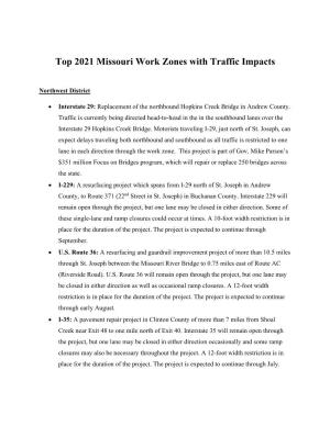 Top 2021 Missouri Work Zones with Traffic Impacts