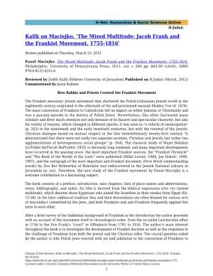 Kalik on Maciejko, 'The Mixed Multitude: Jacob Frank and the Frankist Movement, 1755-1816'
