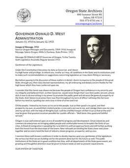 GOVERNOR OSWALD D. WEST ADMINISTRATION January 11, 1911 to January 12, 1915