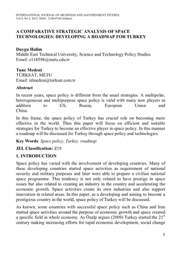 A Comparative Strategic Analysis of Space Technologies: Developing a Roadmap for Turkey