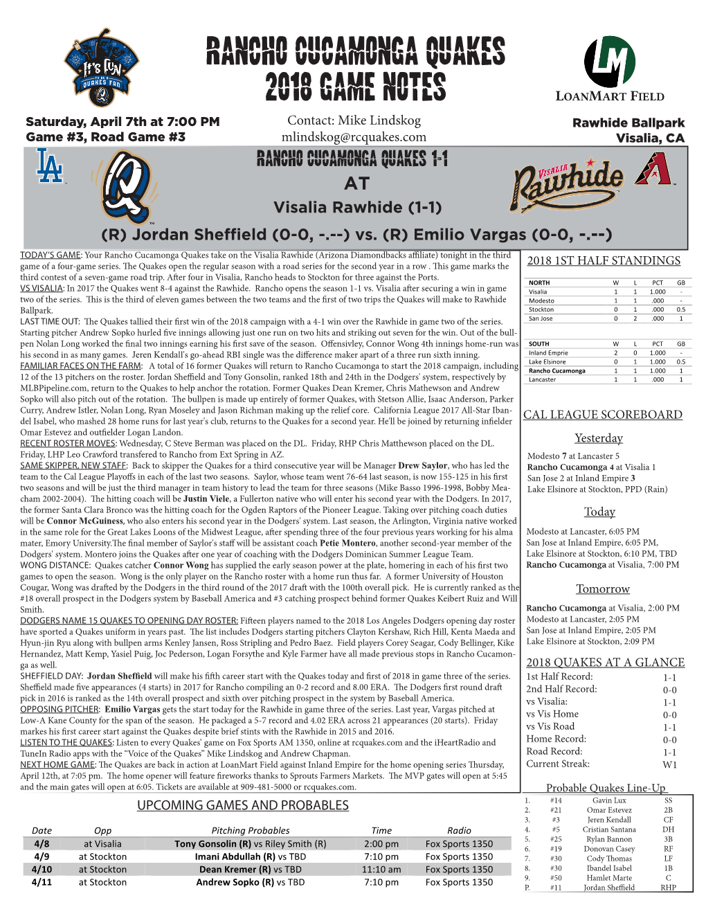 Rancho Cucamonga Quakes 2018 Game Notes