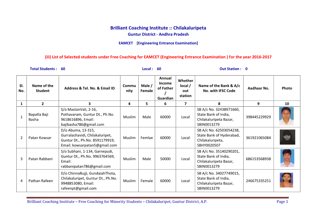 Brilliant Coaching Institute :: Chilakaluripeta Guntur District - Andhra Pradesh