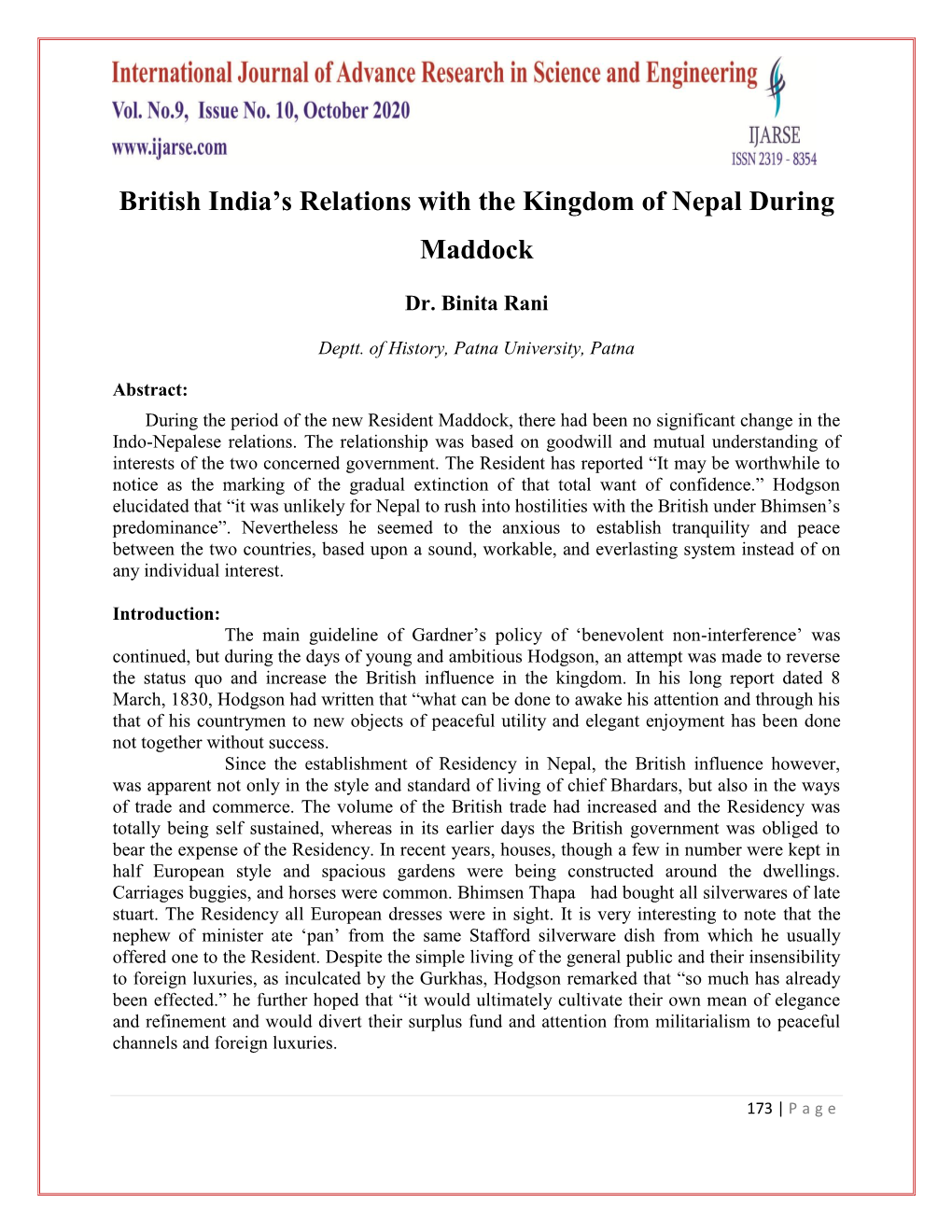 British India's Relations with the Kingdom of Nepal During Maddock