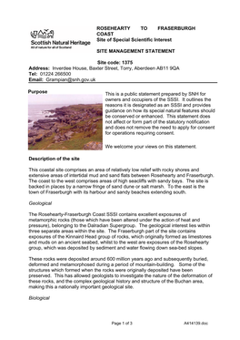 Rosehearty to Fraserburgh Coast SSSI Site Management Statement