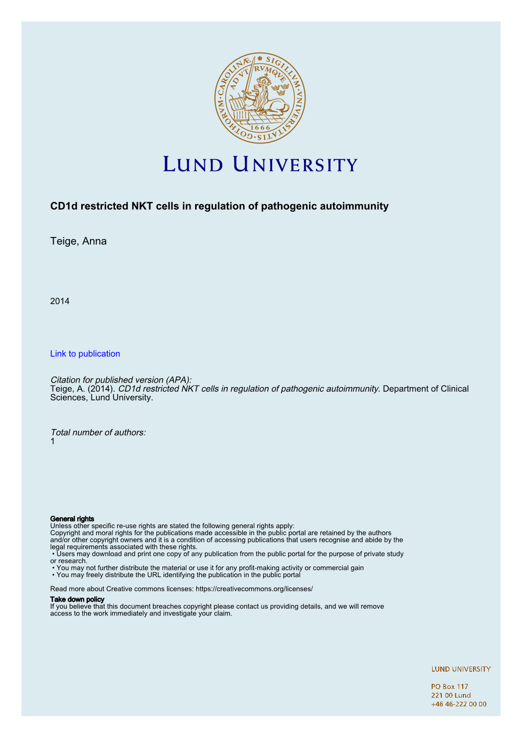 Cd1d Restricted NKT Cells in Regulation of Pathogenic Autoimmunity