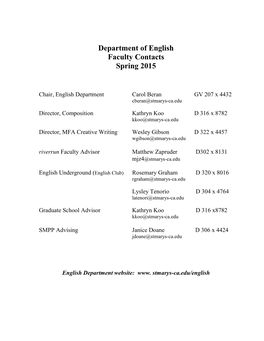 Department of English Faculty Contacts Spring 2015