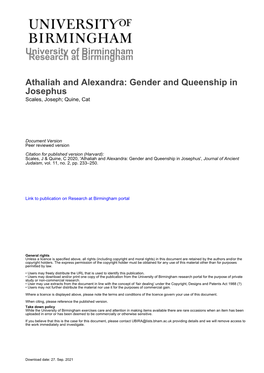 University of Birmingham Athaliah and Alexandra: Gender and Queenship