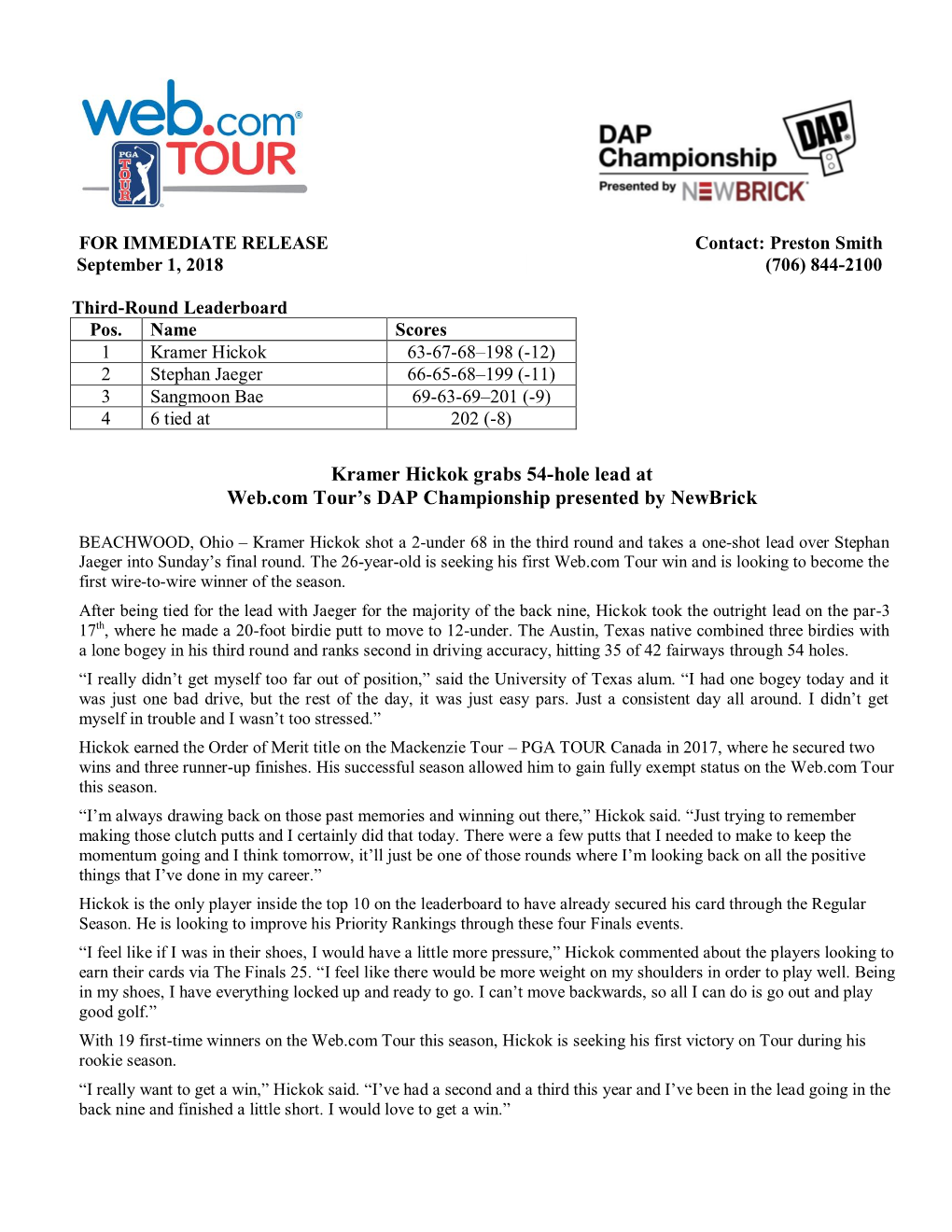 Kramer Hickok Grabs 54-Hole Lead at Web.Com Tour's DAP
