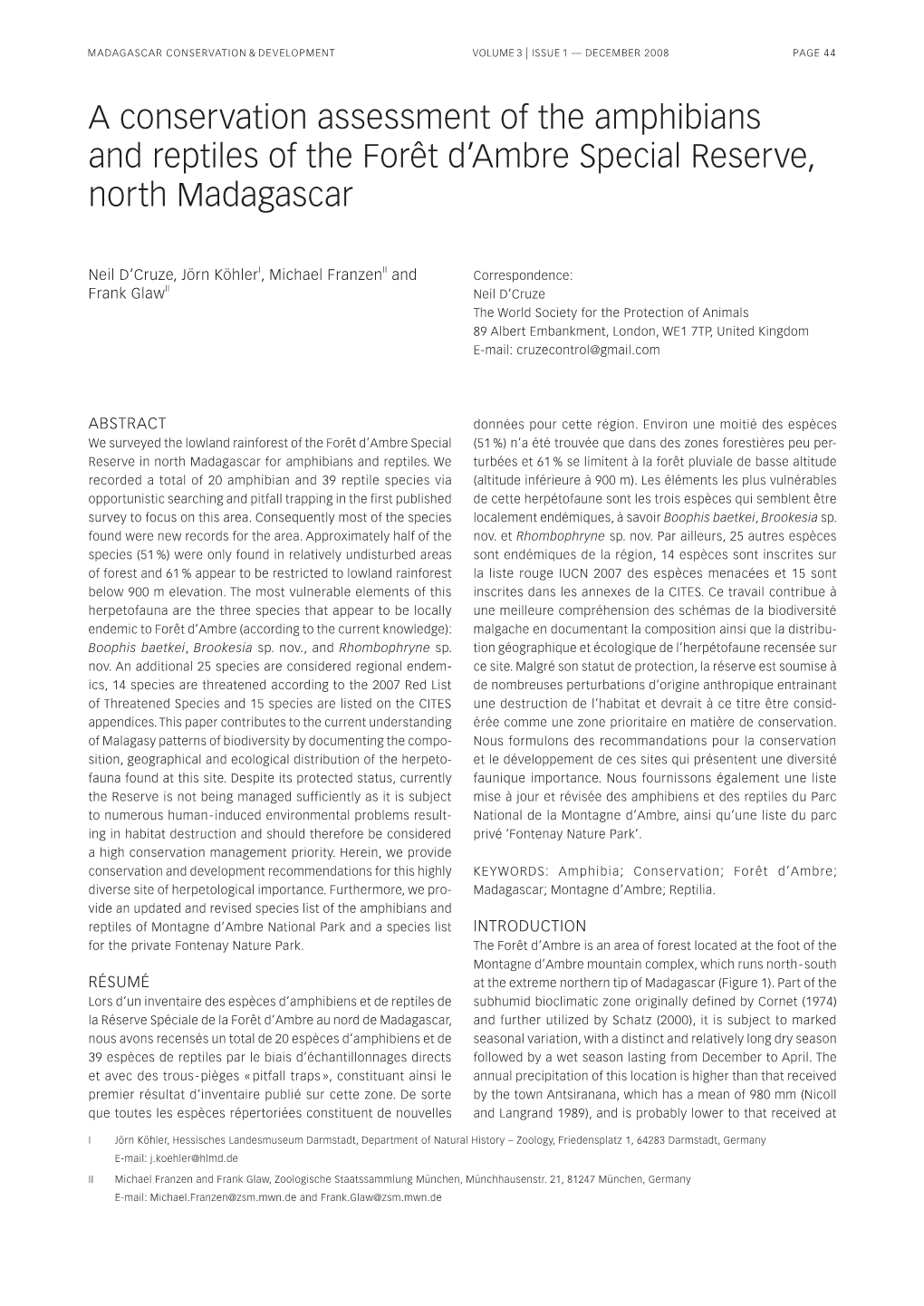 A Conservation Assessment of the Amphibians and Reptiles of the Forêt D'ambre Special Reserve, North Madagascar