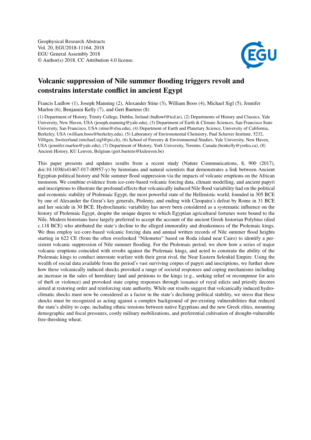 Volcanic Suppression of Nile Summer Flooding Triggers Revolt and Constrains Interstate Conflict in Ancient Egypt