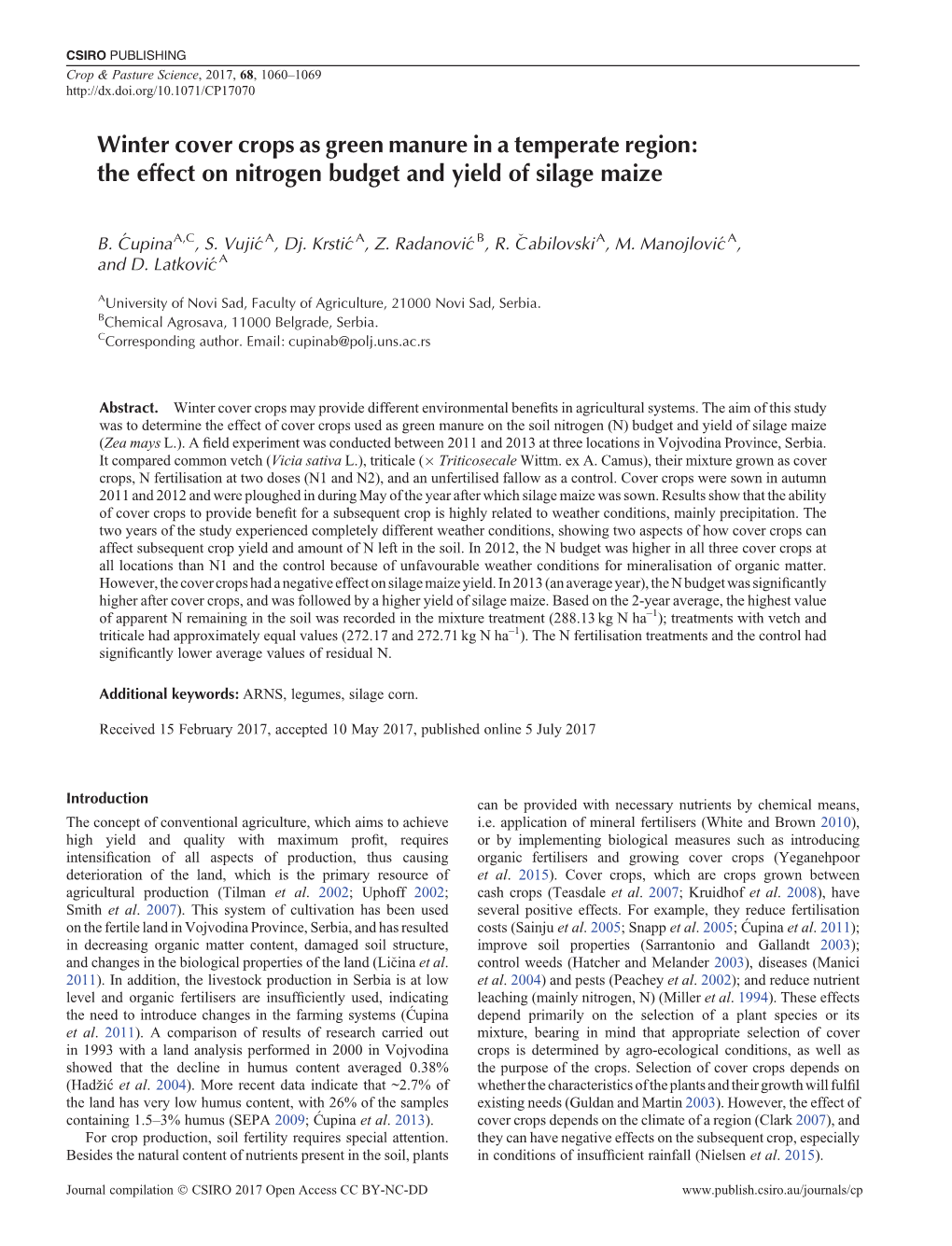 Winter Cover Crops As Green Manure in a Temperate Region: the Effect on Nitrogen Budget and Yield of Silage Maize