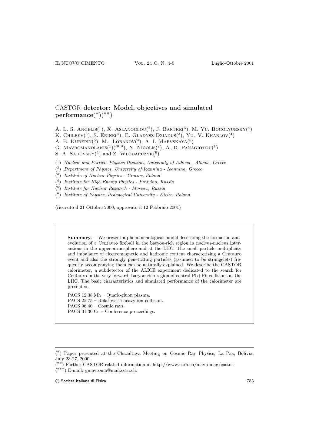 CASTOR Detector: Model, Objectives and Simulated Performance(∗)(∗∗)