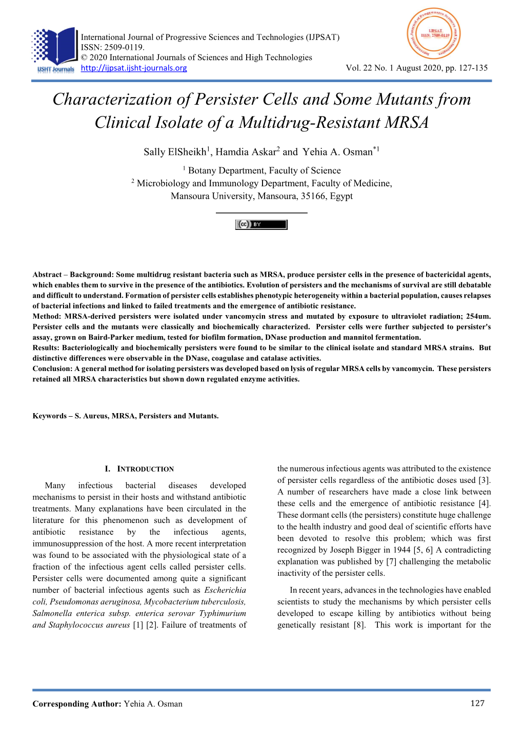 Characterization of Persister Cells and Some Mutants from Clinical Isolate of a Multidrug-Resistant MRSA