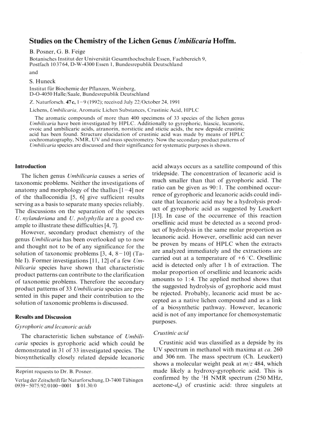 Studies on the Chemistry of the Lichen Genus Umbilicaria Hoffm. B