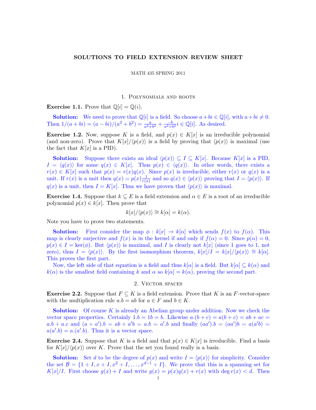 SOLUTIONS to FIELD EXTENSION REVIEW SHEET 1. Polynomials