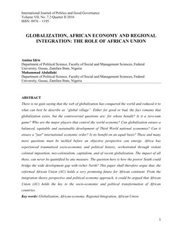 Globalization, African Economy and Regional Integration: the Role of African Union