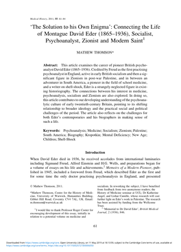 Connecting the Life of Montague David Eder (1865–1936), Socialist, Psychoanalyst, Zionist and Modern Saint1