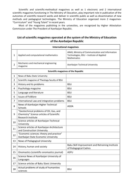 List of Scientific Magazines Operated at the System of the Ministry of Education of the Azerbaijan Republic