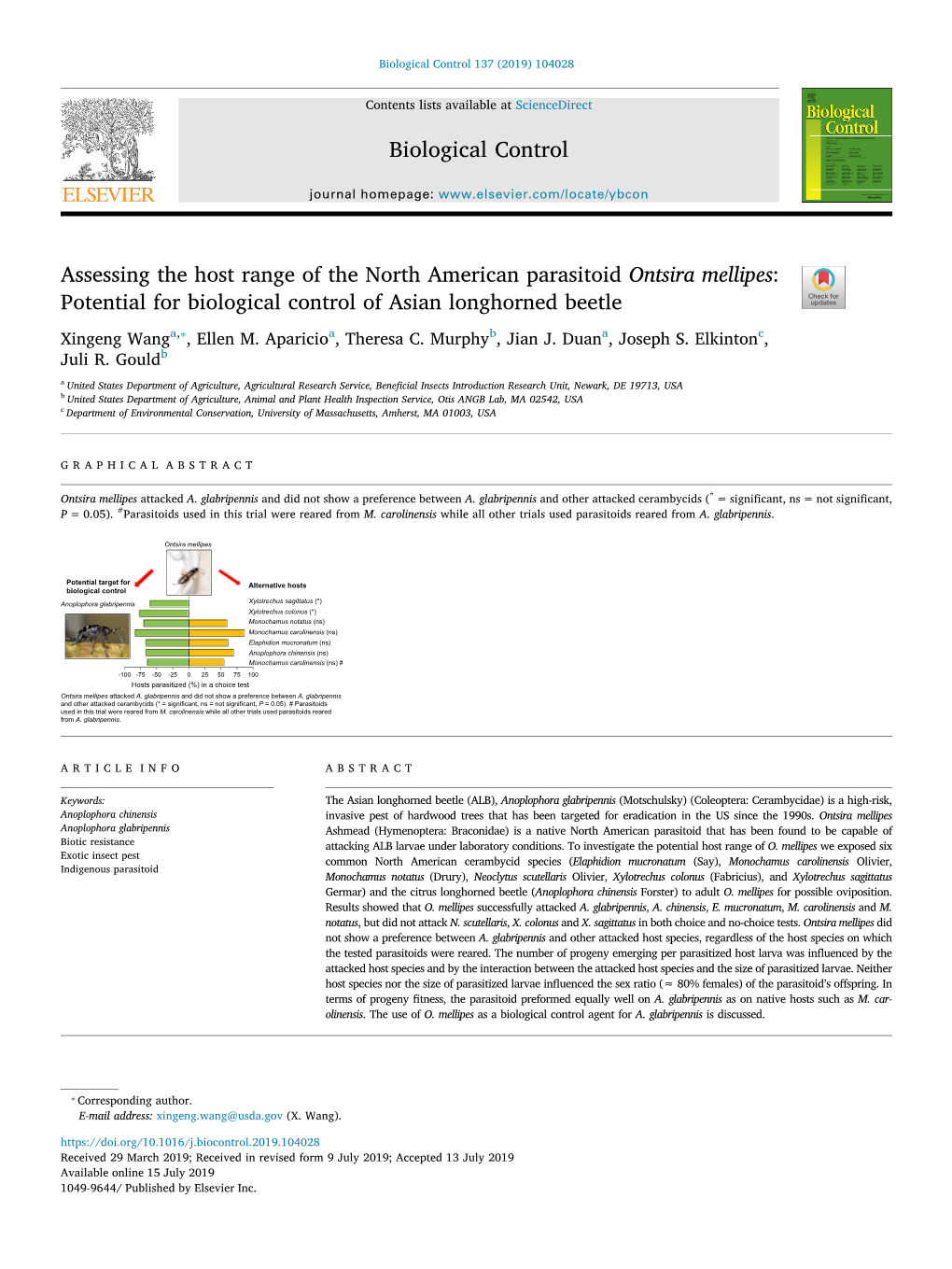 Assessing the Host Range of the North American Parasitoid Ontsira Mellipes: T Potential for Biological Control of Asian Longhorned Beetle ⁎ Xingeng Wanga, , Ellen M