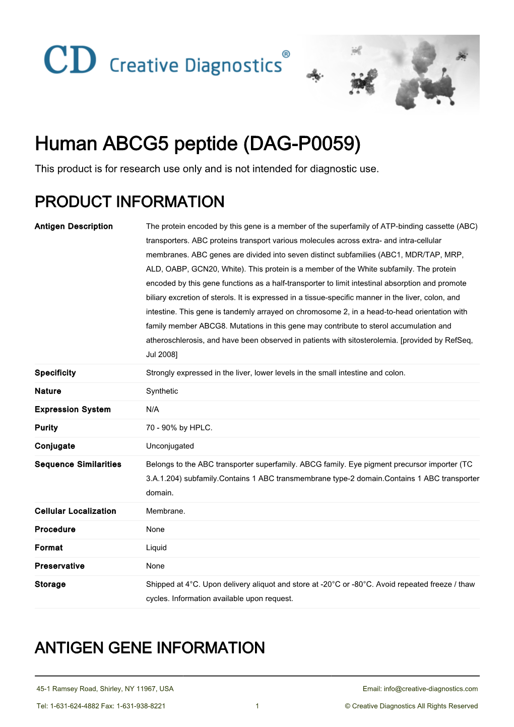 Human ABCG5 Peptide (DAG-P0059) This Product Is for Research Use Only and Is Not Intended for Diagnostic Use