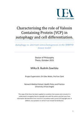 Characterising the Role of Valosin Containing Protein (VCP) in Autophagy and Cell Differentiation