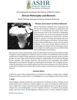 African Philosophy and Rhetoric Omedi Ochieng, Assistant Professor, Denison University