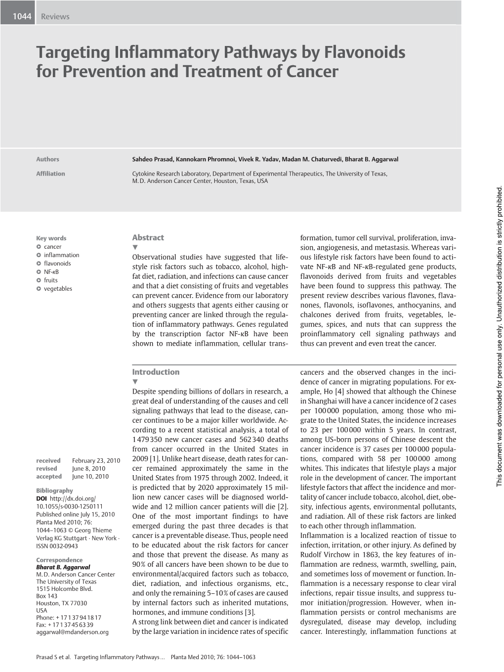 Targeting Inflammatory Pathways by Flavonoids for Prevention and Treatment of Cancer