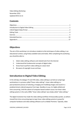 Contents Objectives Introduction to Digital Video Editing