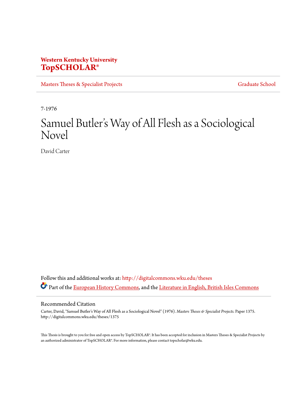 Samuel Butler's Way of All Flesh As a Sociological Novel