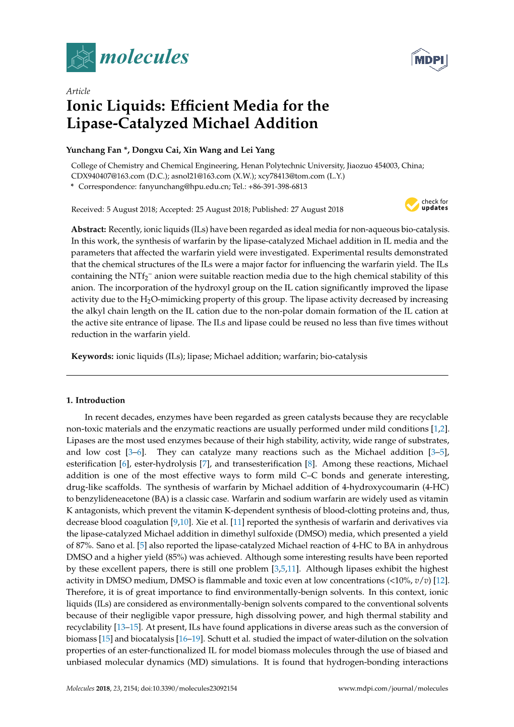 Ionic Liquids: Efficient Media for the Lipase-Catalyzed Michael Addition