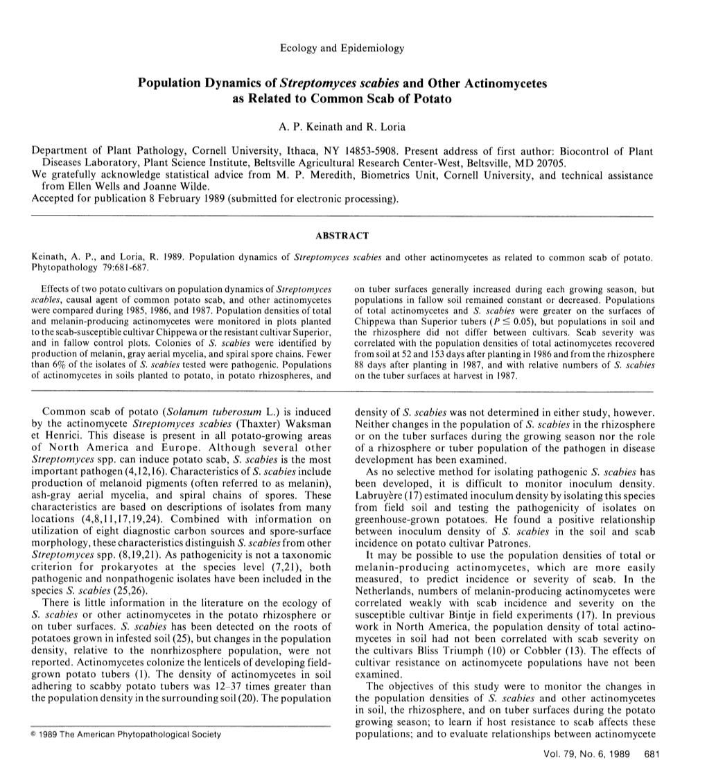 Population Dynamics of Streptomyces Scabies and Other Actinomycetes As Related to Common Scab of Potato