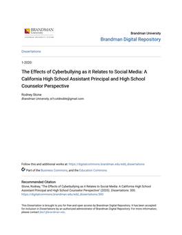The Effects of Cyberbullying As It Relates to Social Media: a California High School Assistant Principal and High School Counselor Perspective