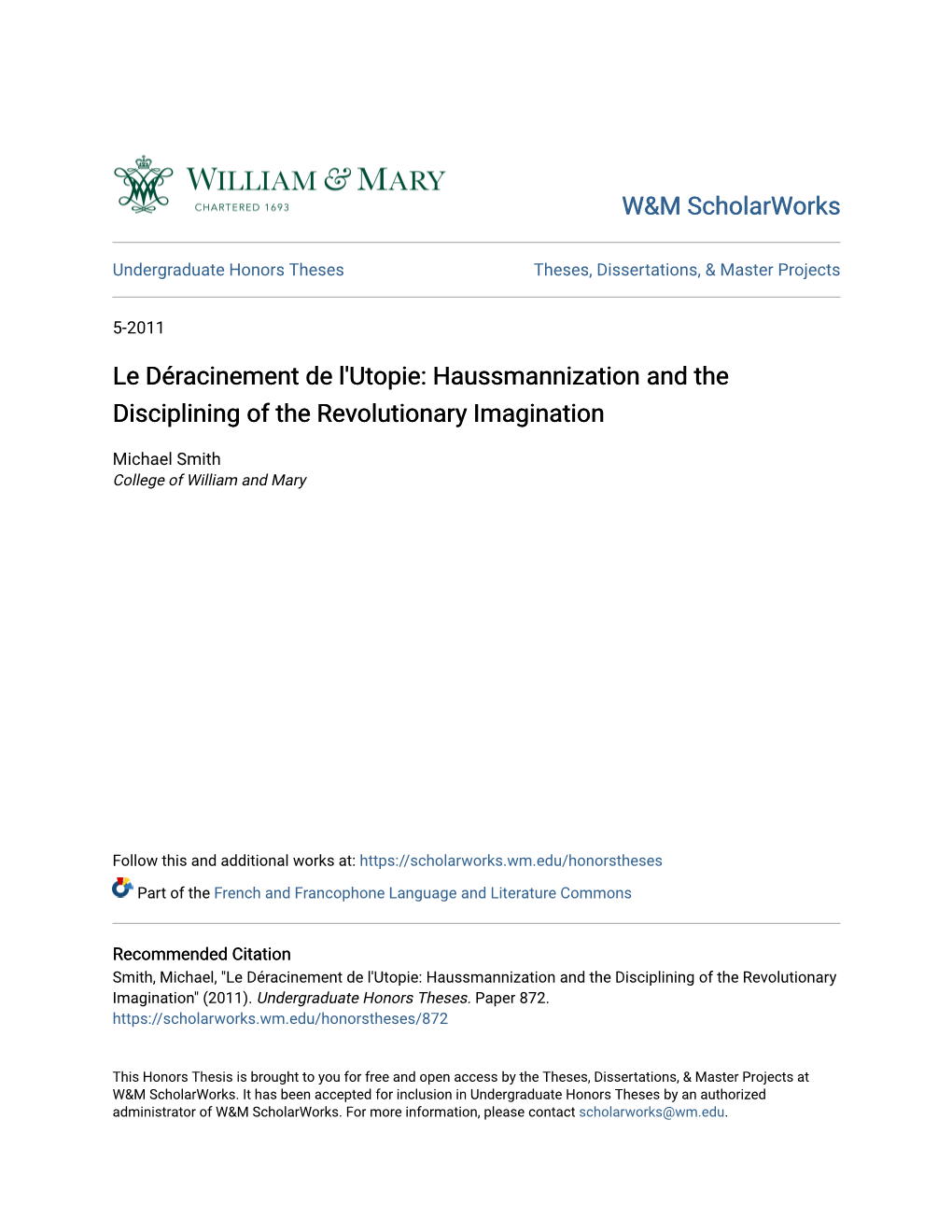 Le Déracinement De L'utopie: Haussmannization and the Disciplining of the Revolutionary Imagination