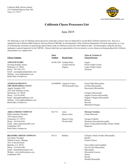 California Cheese Processors List June 2019