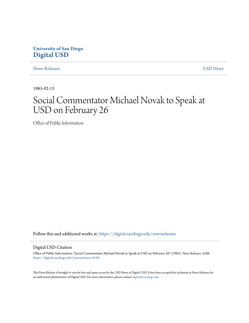 Social Commentator Michael Novak to Speak at USD on February 26 Office of Publicnfor I Mation