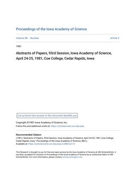Abstracts of Papers, 93Rd Session, Iowa Academy of Science, April 24-25, 1981, Coe College, Cedar Rapids, Iowa