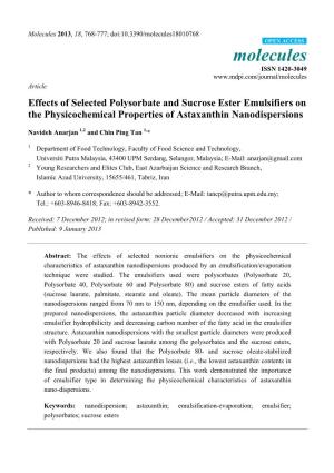 Effects of Selected Polysorbate and Sucrose Ester Emulsifiers on the Physicochemical Properties of Astaxanthin Nanodispersions
