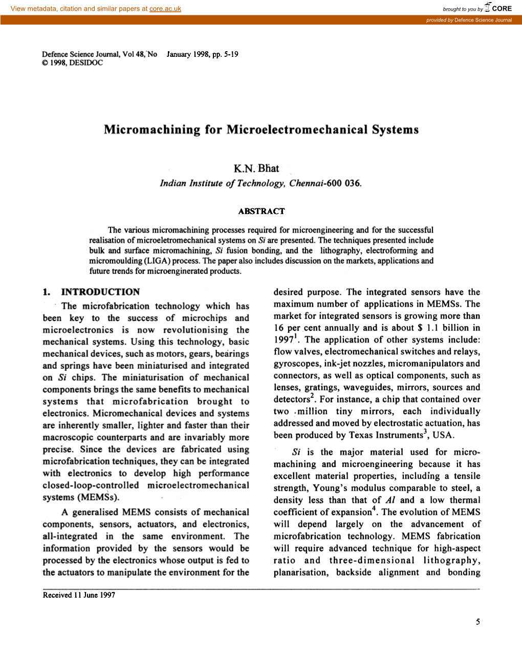 Micromachining for Microelectromechanical Systems