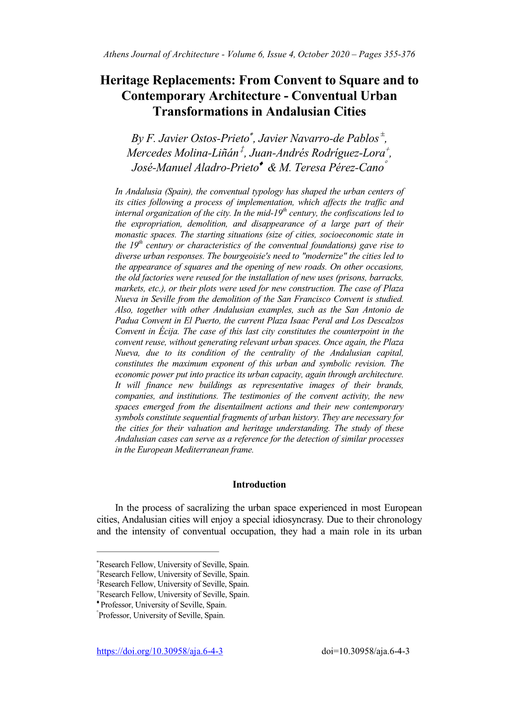 From Convent to Square and to Contemporary Architecture - Conventual Urban Transformations in Andalusian Cities