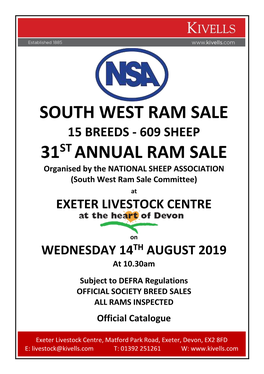SOUTH WEST RAM SALE 15 BREEDS - 609 SHEEP 31ST ANNUAL RAM SALE Organised by the NATIONAL SHEEP ASSOCIATION (South West Ram Sale Committee)