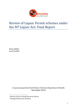 Review of Liquor Permit Schemes Under the NT Liquor Act: Final Report