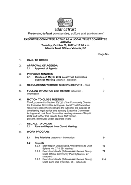 Preserving Island Communities, Culture and Environment ______EXECUTIVE COMMITTEE ACTING AS a LOCAL TRUST COMMITTEE AGENDA Tuesday, October 30, 2012 at 10:00 A.M