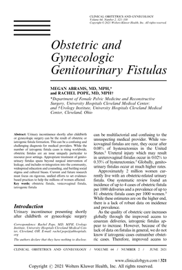 Obstetric and Gynecologic Genitourinary Fistulas