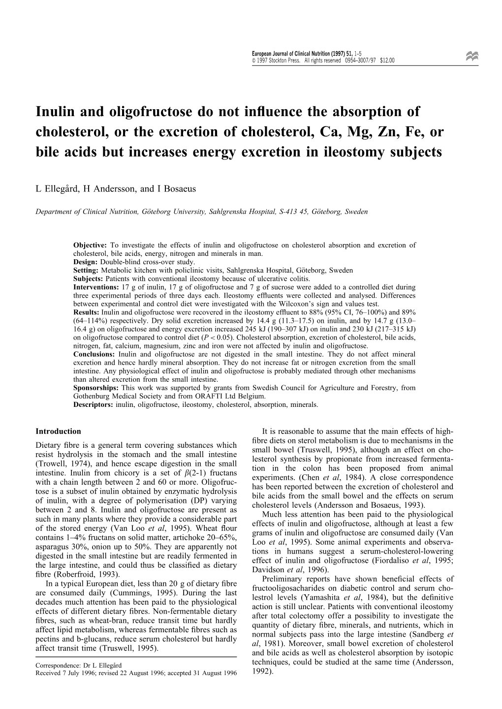 Inulin and Oligofructose Do Not Influence the Absorption Of