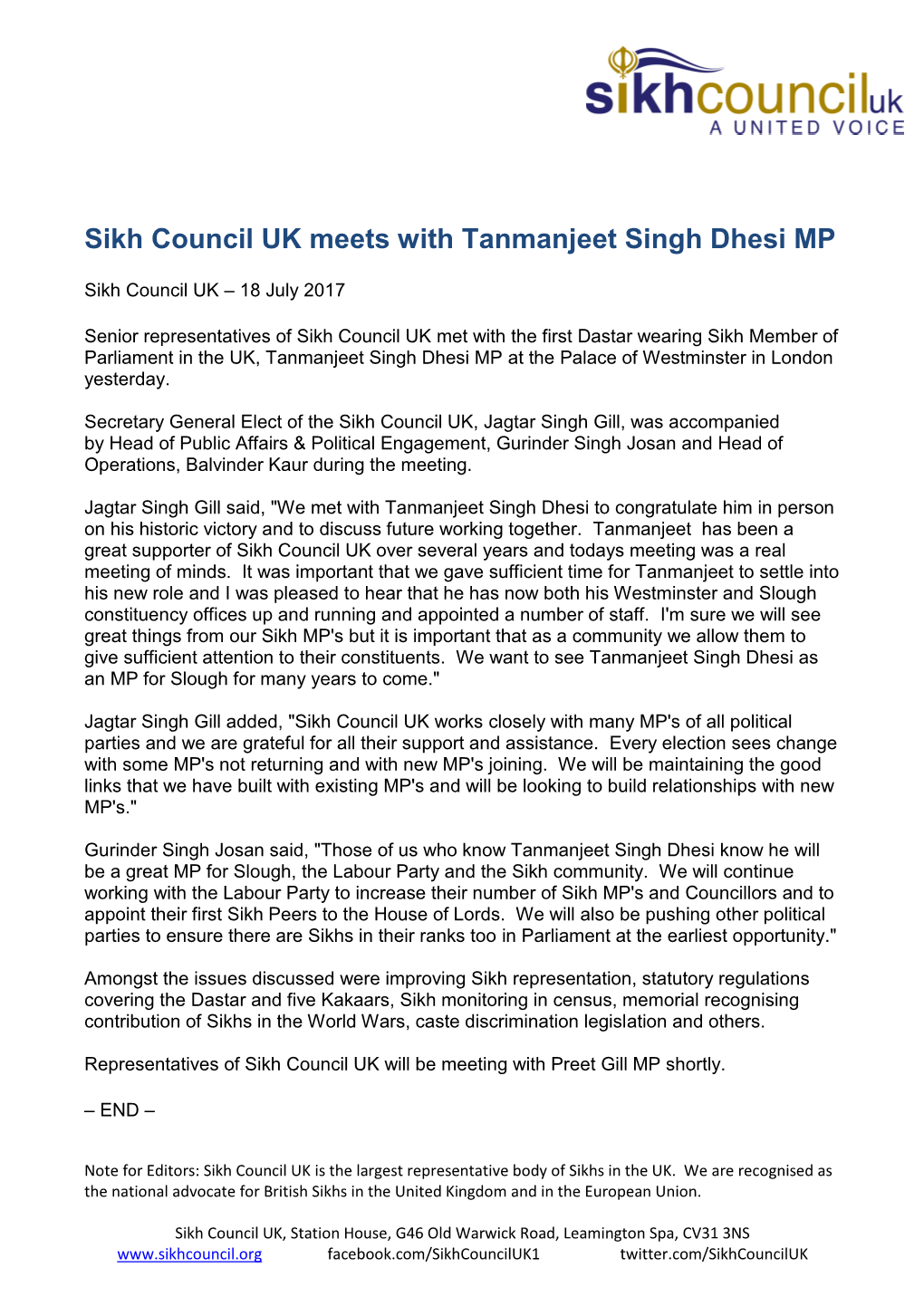 Sikh Council UK Meets with Tanmanjeet Singh Dhesi MP