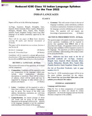 Reduced ICSE Class 10 Indian Language Syllabus for the Year 2022