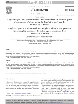 Anglesites Gen. Nov. (Ammonoidea, Ancyloceratina), Un Nouveau Genre D’Ammonites Hétéromorphes Du Barrémien Supérieur Du Sud-Est De La France Anglesites Gen