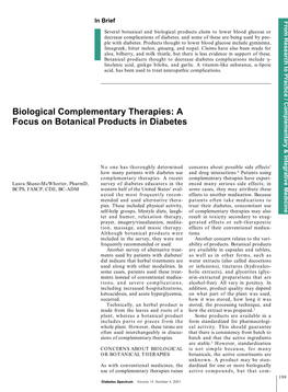 Biological Complementary Therapies: a Focus on Botanical Products in Diabetes