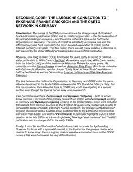 Decoding Code: the Larouche Connection to Ekkehard Franke-Gricksch and the Carto Network in Germany