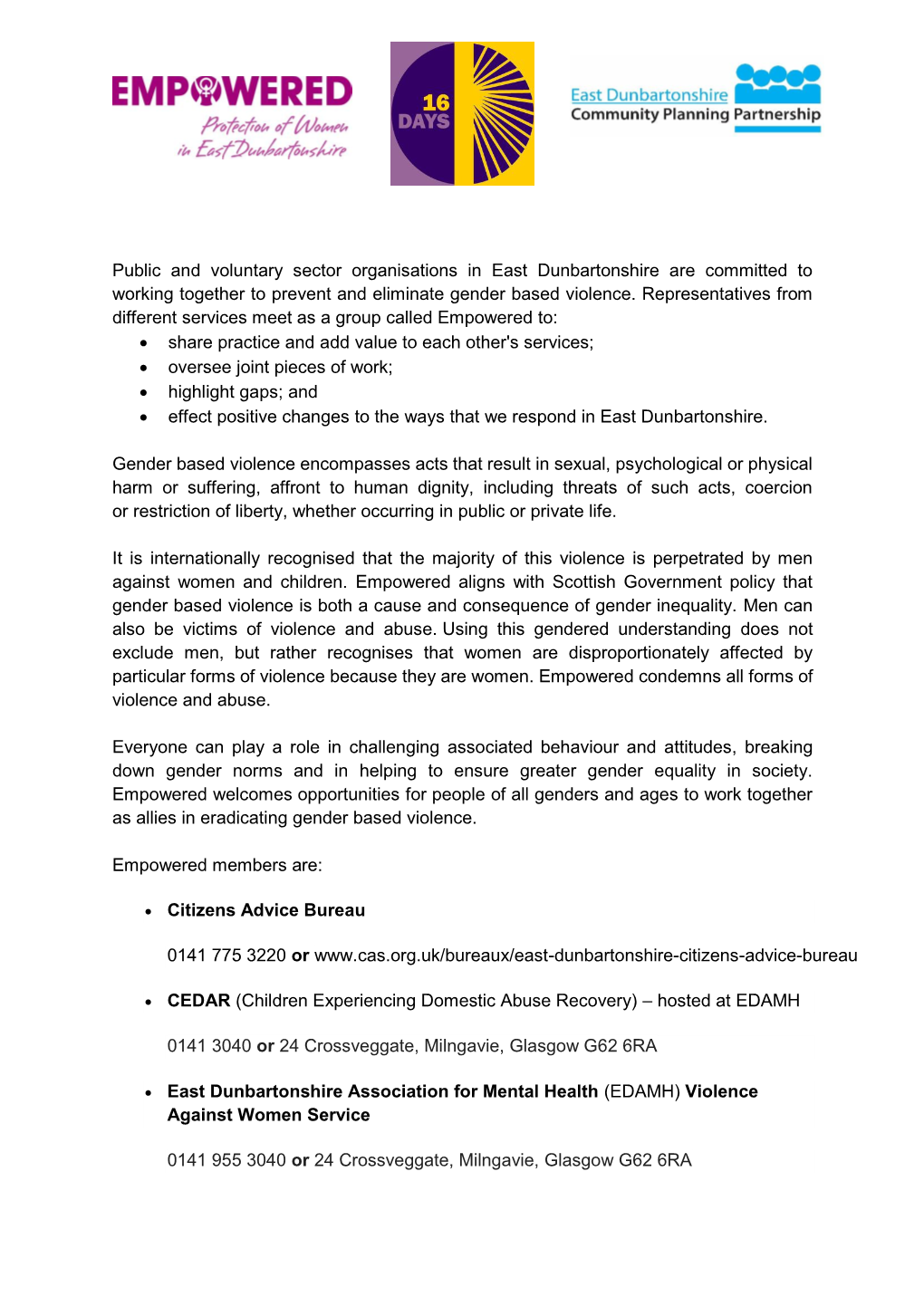 Public and Voluntary Sector Organisations in East Dunbartonshire Are Committed to Working Together to Prevent and Eliminate Gender Based Violence